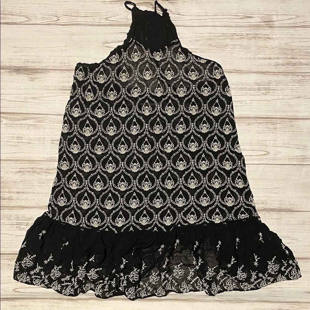 Anthropologie sheer embroidered mini dress Black and Cream Floral